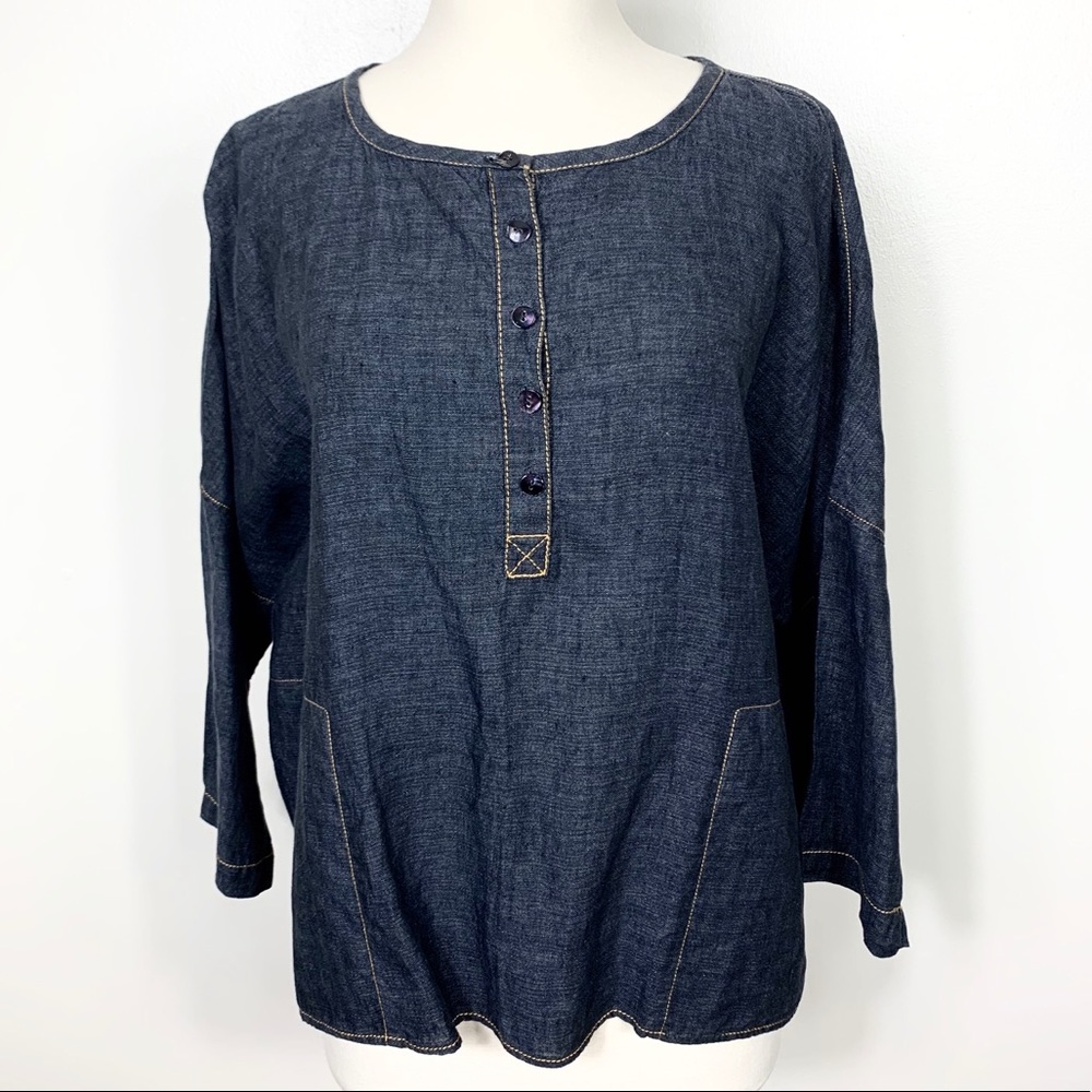 {Eileen Fisher} Denim Look Linen Popover Top XS